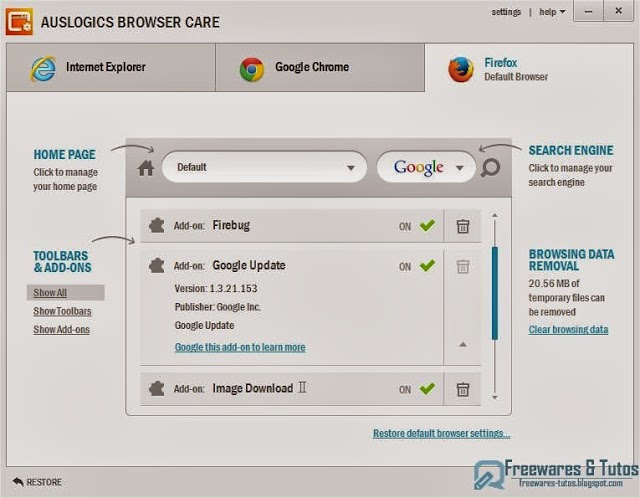 Auslogics Browser Care : un logiciel pratique pour gérer, nettoyer et restaurer son navigateur internet (Firefox, Chrome, IE)