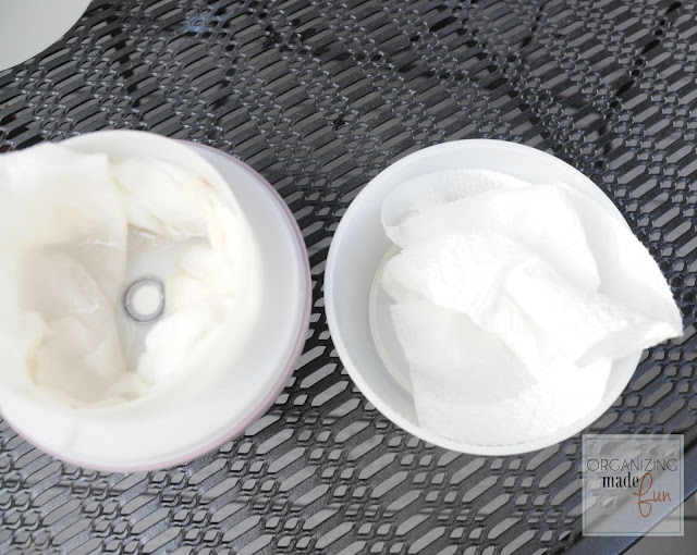 Soak paper towels in vinegar and wring a little to set on lid to clean it :: OrganizingMadeFun.com