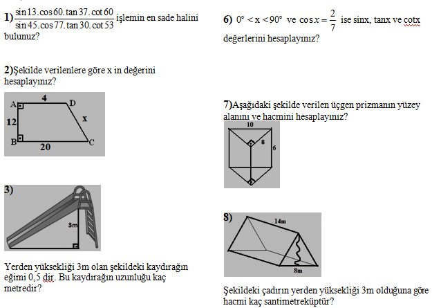 2013 8. Sinif Matematik 2. Dönem 1. Yazılı Soruları - Ders ve Çalışma