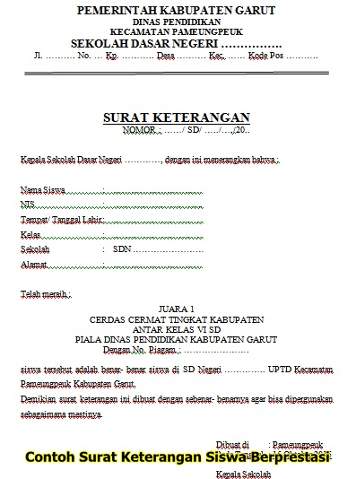 Contoh Surat Keterangan Siswa Berprestasi Terbaru Format Doc