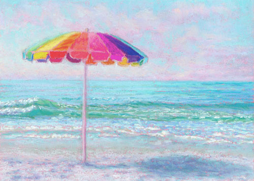 Pastel Painting: Rainbow Umbrella Gulf Coast Beach Pastel Painting