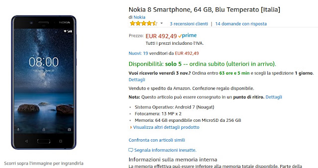 Nokia 8 disponibile a 492 euro venduto e spedito da Amazon