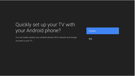 Android TV setup with prompt to continue on the user's phone.