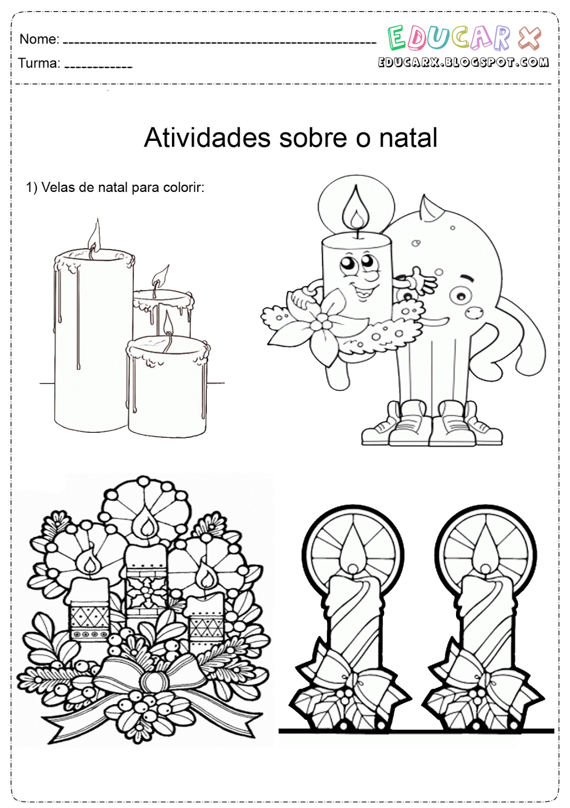 Desenhos de velas para colorir com as crianças no Natal