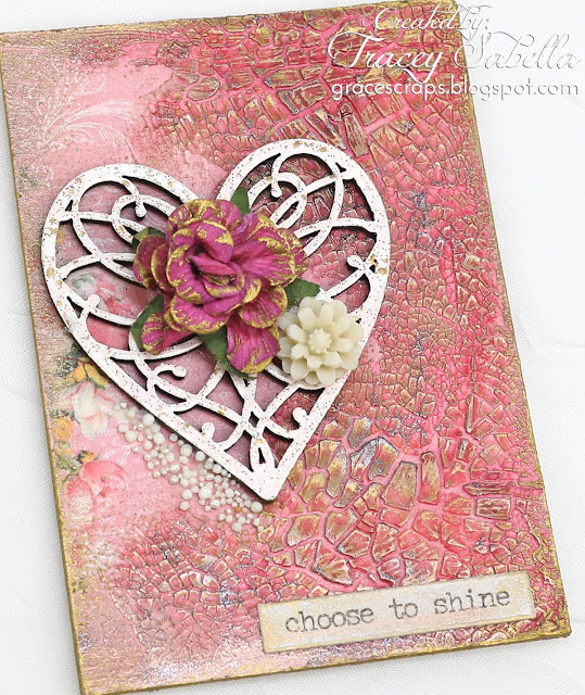 Mixed media Valentine artist trading cards (ATC) by Tracey Sabella for ScrapBerry's. Also using FInnabair Prima Waxes, Prills, Viva Croco Crackle, and Heidi Swapp Color Shine.  http://bit.ly/2DgtuTt