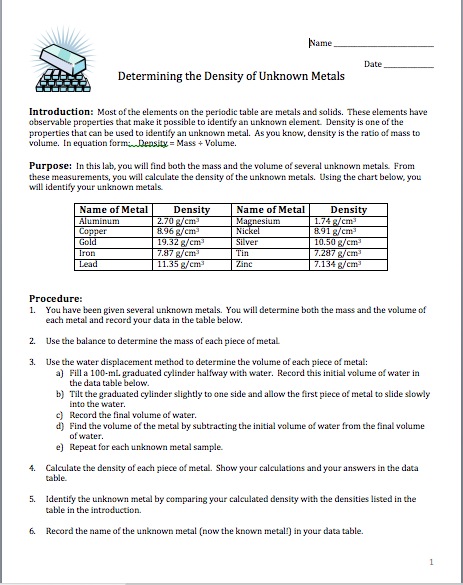 Density Lab Worksheet Answers