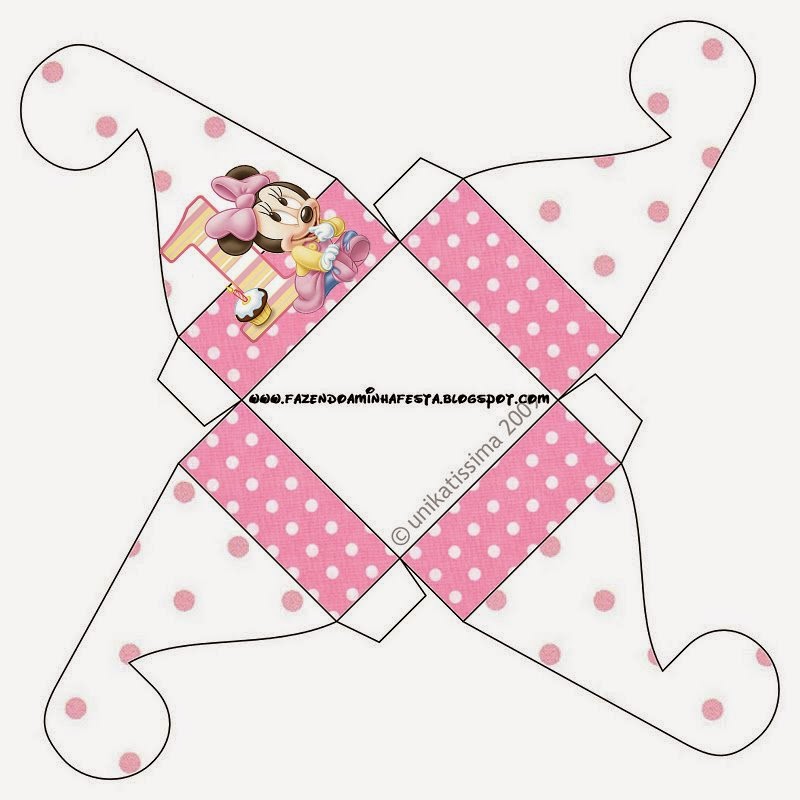 Minnie Primer Año con Lunares: Cajas para Imprimir Gratis. Caja para cupcakes o golosinas de Minnie Primer Año con Lunares