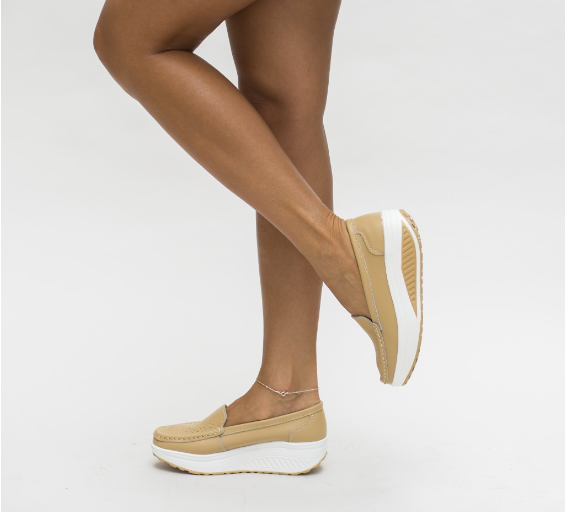 Pantofi casual bej din piele naturala de femei ieftini cu talpa groasa