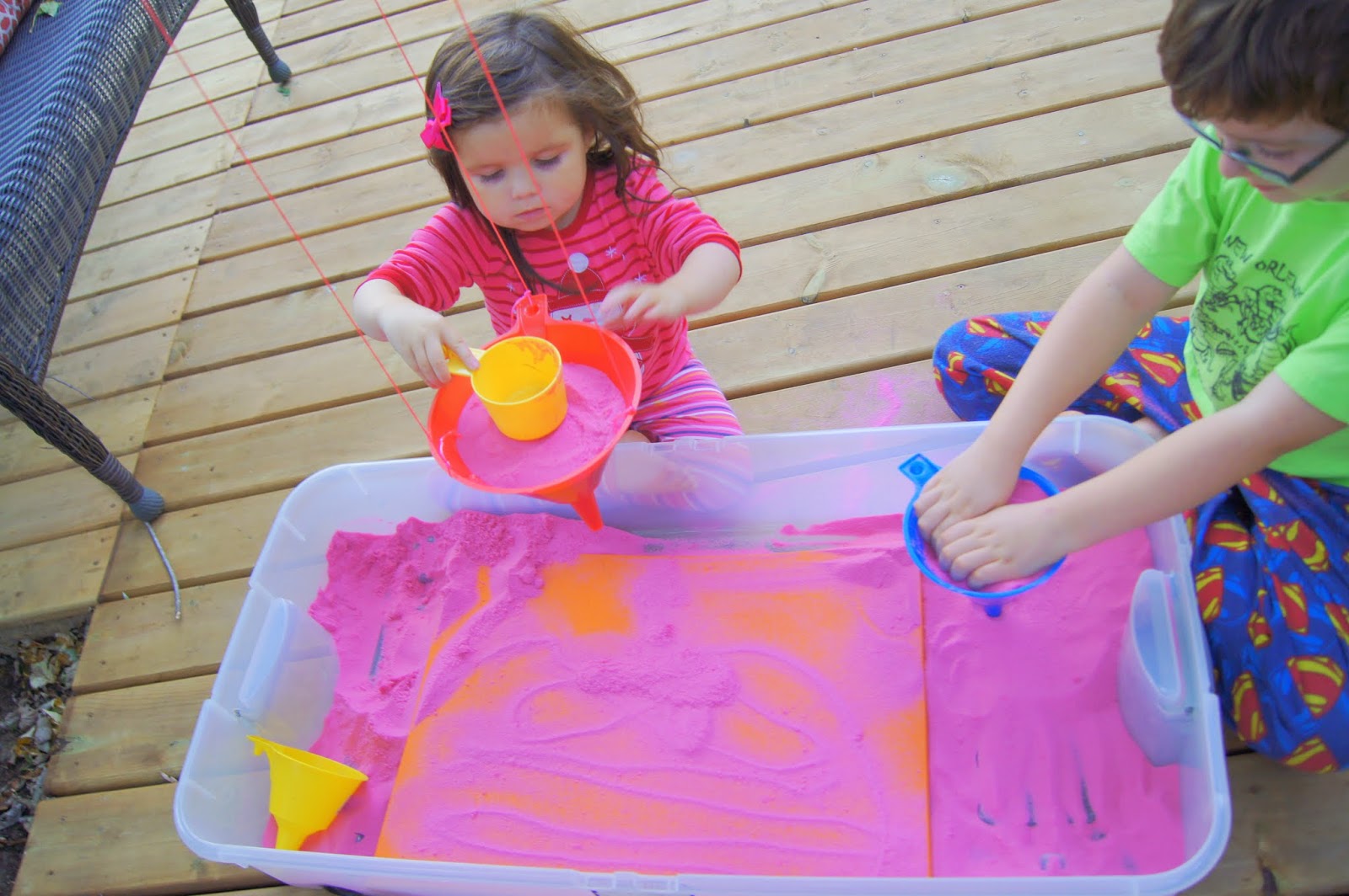 "Making Montessori Ours" Creating Funnel Sand Art Outside, Playing