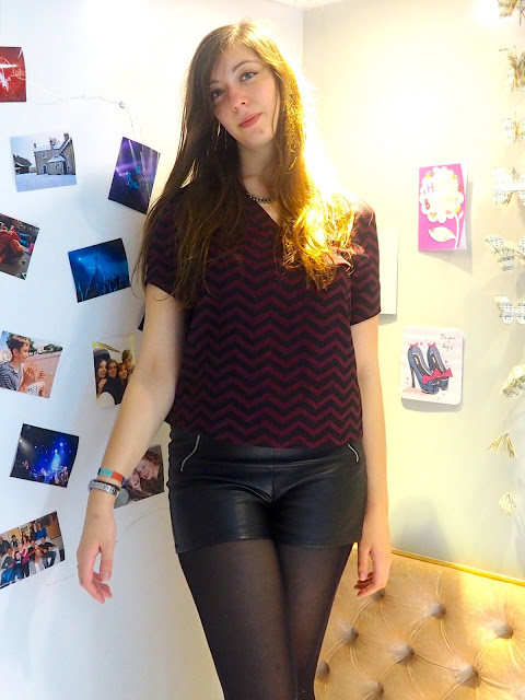 Night On The Town - outfit of zigzag striped purple and black top, black leather shorts and tights