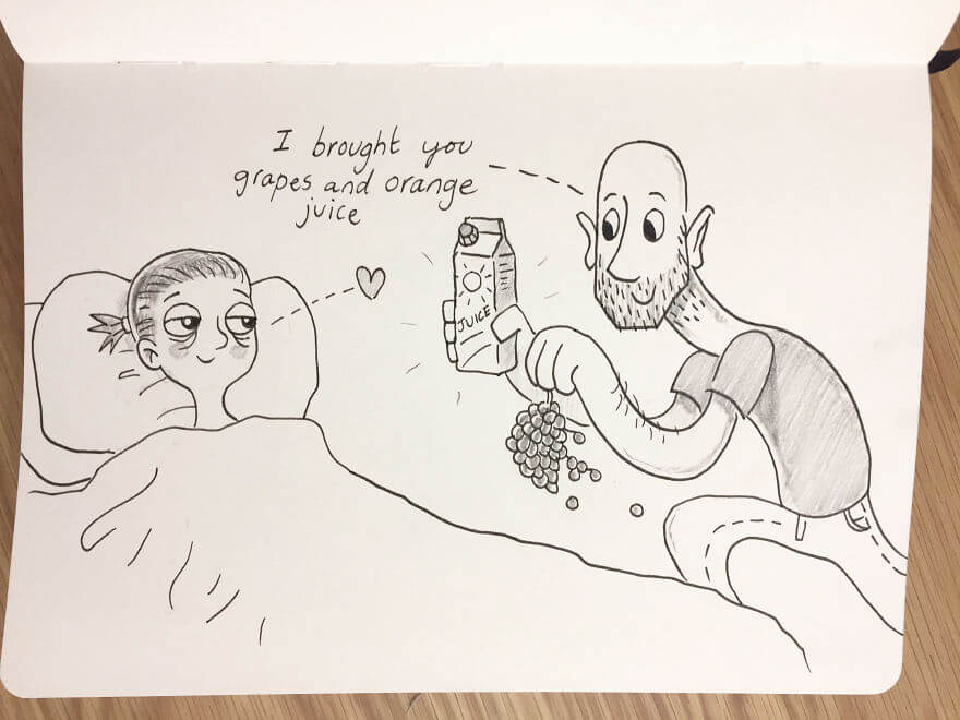 Guy Has Been Drawing A Comic Every Day For His Partner For Five Whole Years - When Either Of Us Is Ill We Always Buy Each Other Grapes And Fresh Orange Juice, Like It's A Magical Cure For Every Illness