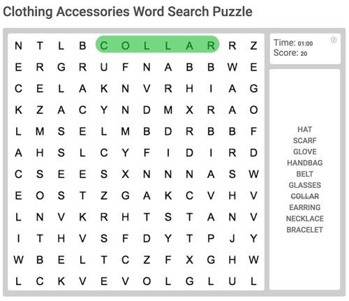 Clothing Accessories Word Search Puzzle PET level