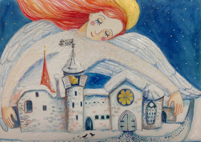 uusaasta kaart #AideArt silent night #angel #christmas card #watercolor #Haapsalu #castle #blue #red hair