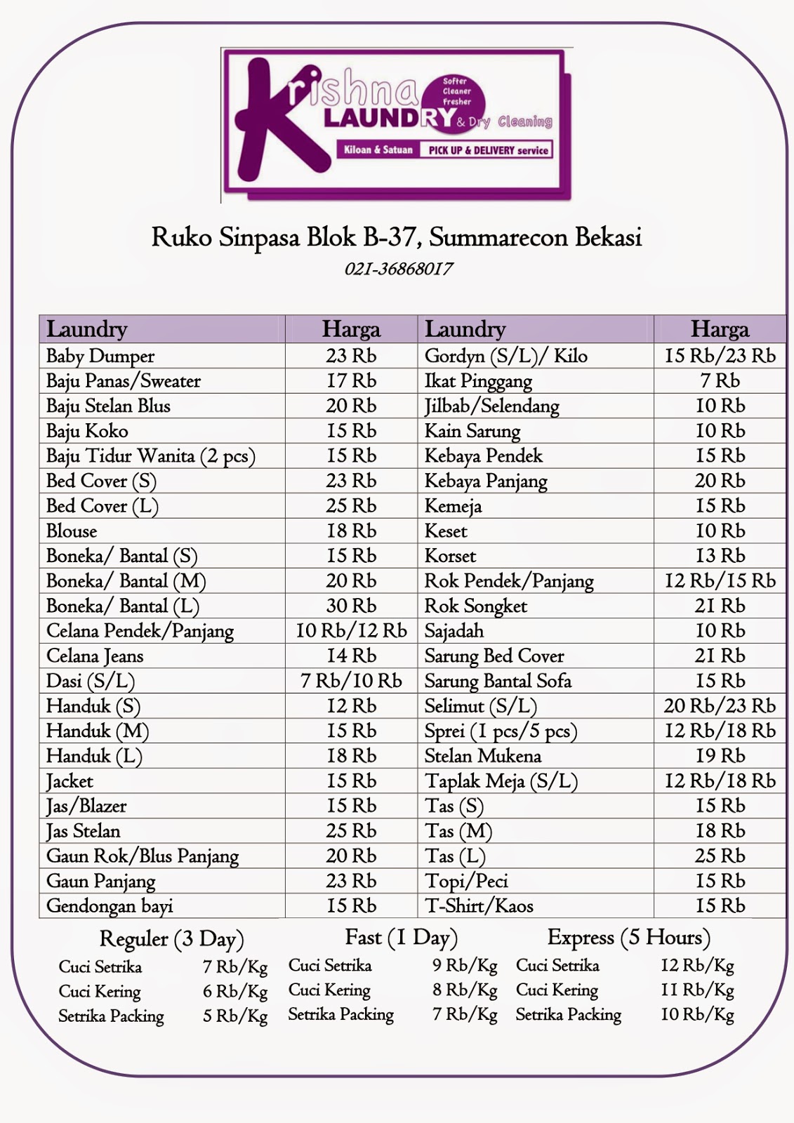 Krishna Laundry Daftar Harga
