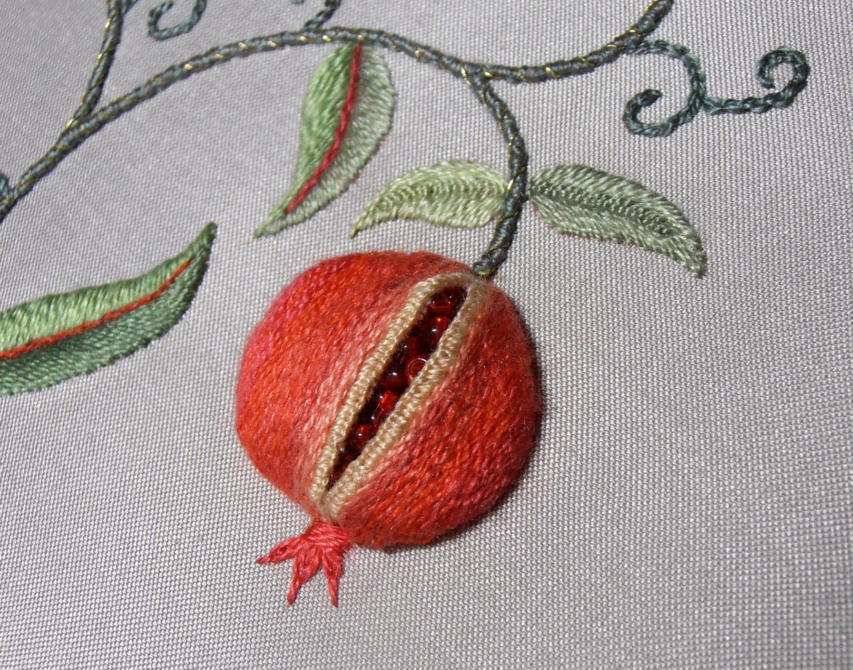 Crewel Embroidery Pomegranate—Finished!