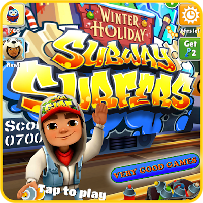 A banner for the revies of Subway Surfers - running game for Android tablets and smartphones, for iPads and iPhones