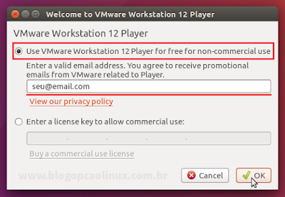 Insira o seu e-mail para poder utilizar o VMware Workstation Player gratuitamente para uso não comercial