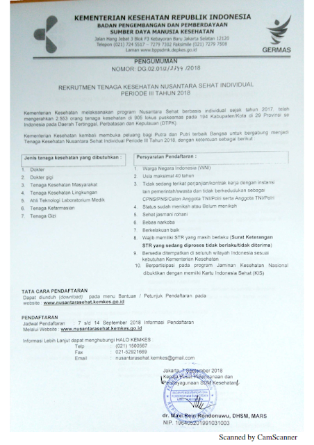 Rekrutmen Tenaga Kesehatan Nusantara Sehat Individual Periode III September Tahun 2018