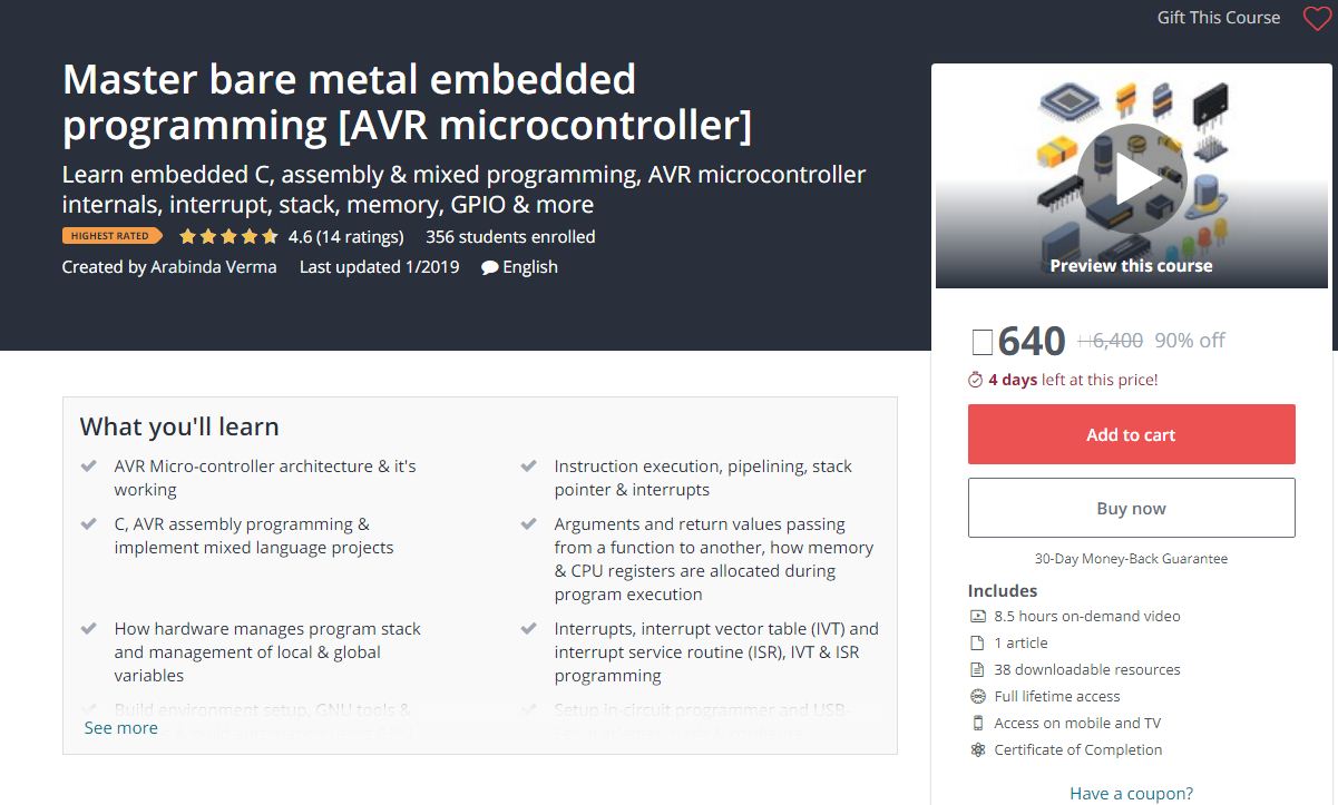 Embedded Systems course on AVR Microcontrollers in Udemy (by Arabinda Verma)
