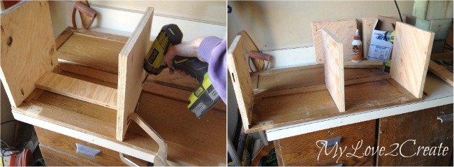 attaching bottom, shelf, and top of desk section with pocket holes