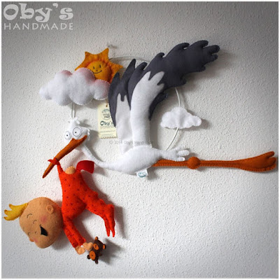 Nursery decoration with stork and baby, handmade with felt, Oby's handmade