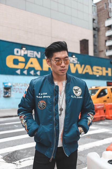 Leo Chan wearing Blue Alpha Industries Bomber Jacket for Fall