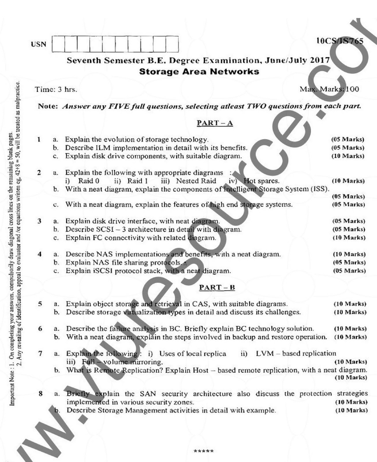 VTU BE 7th Semester Question Paper Storage Area Networks June/July