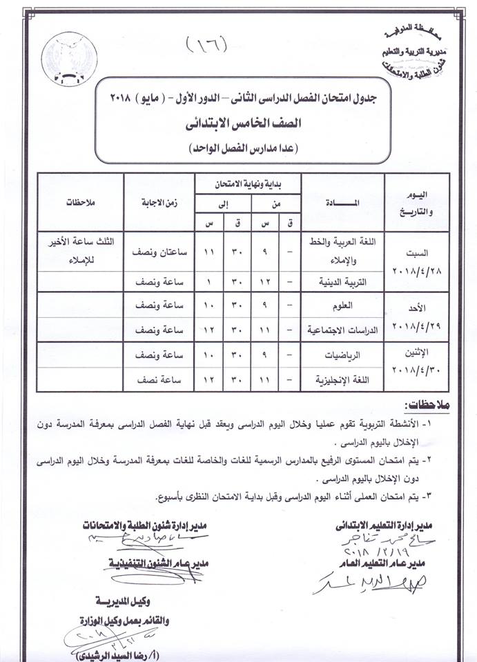 جدول امتحانات الصف الخامس الأبتدائي 2018 محافظة المنوفية الترم الثاني " آخر العام "