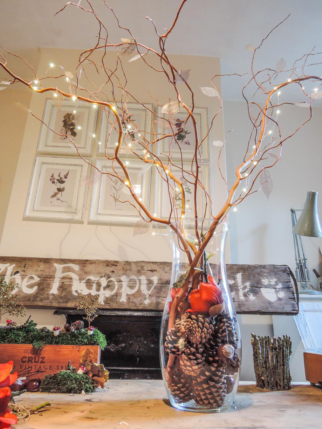 A handmade cottage Fairy light tree centrepiece for autumn, weddings