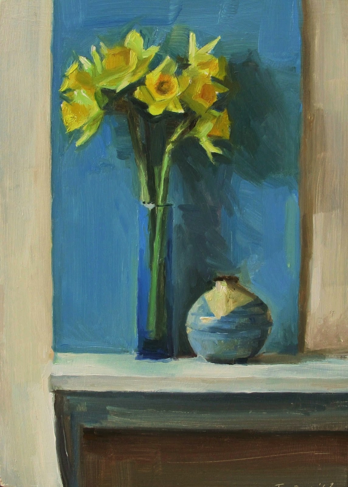 Awake and Painting Daffodils and Blue Construction Paper