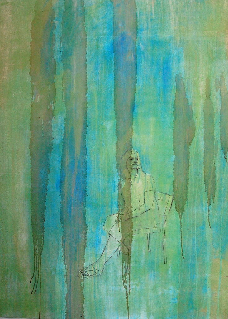 Oil painting mixed media art work with aqua blue and green by Louisiana artist George Marks