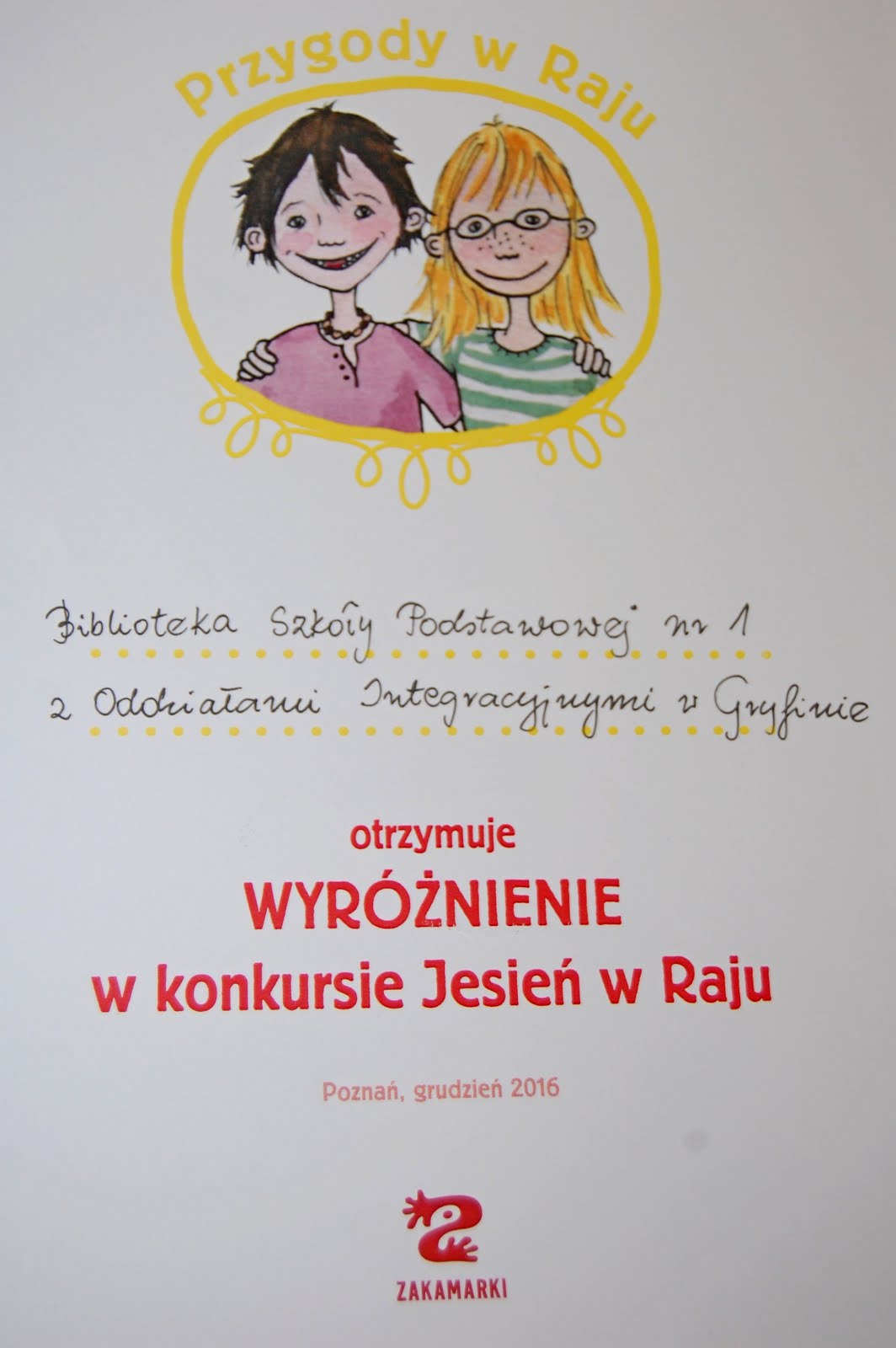 Wyróżnienie w konkursie Wydawnictwa Zakamarki "Jesień w Raju"