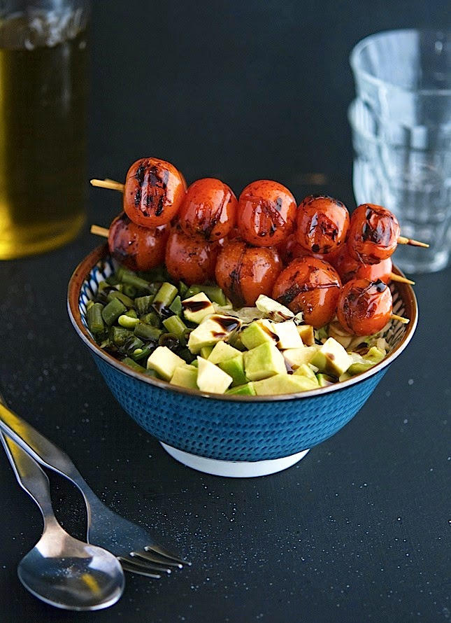 Green Chopped Salad with Balsamic-Grilled Cherry Tomato Skewers