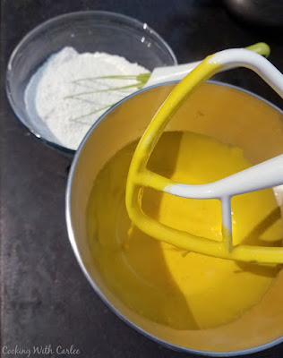 whipped egg yolks in mixer bowl