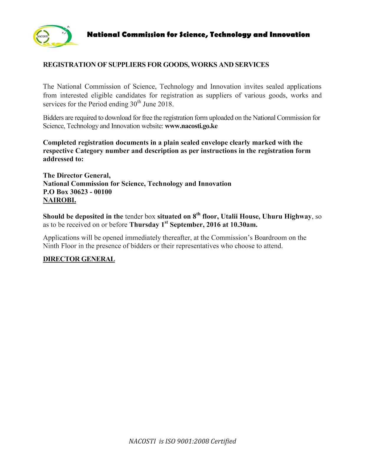 Registration of Suppliers Notice for Goods, Works and Services