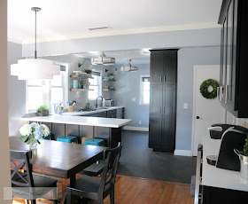 Modern, updated kitchen with black cabinets and open shelving :: OrganizingMadeFun.com