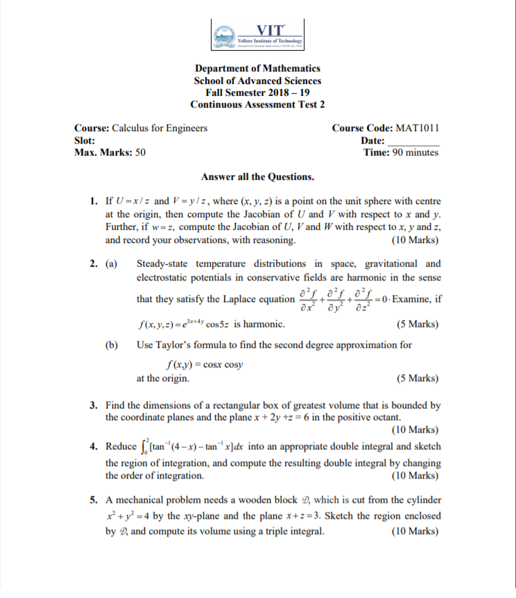CALCULUS FOR ENGINEERS (MAT1011) VIT QUESTION PAPERS [CAT 1 CAT 2 FAT]