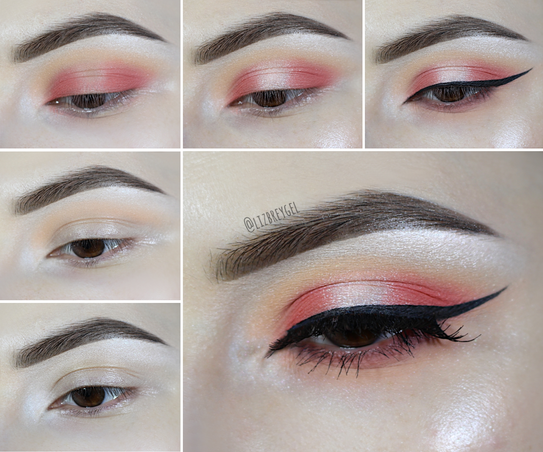 makeup collage with a step-by-step pictorial showing how to do a living coral eye look for new year's party