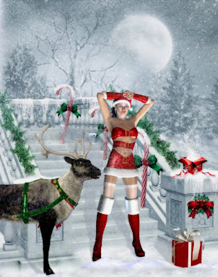 Chica navideña vestida como santa claus con venado y regalos