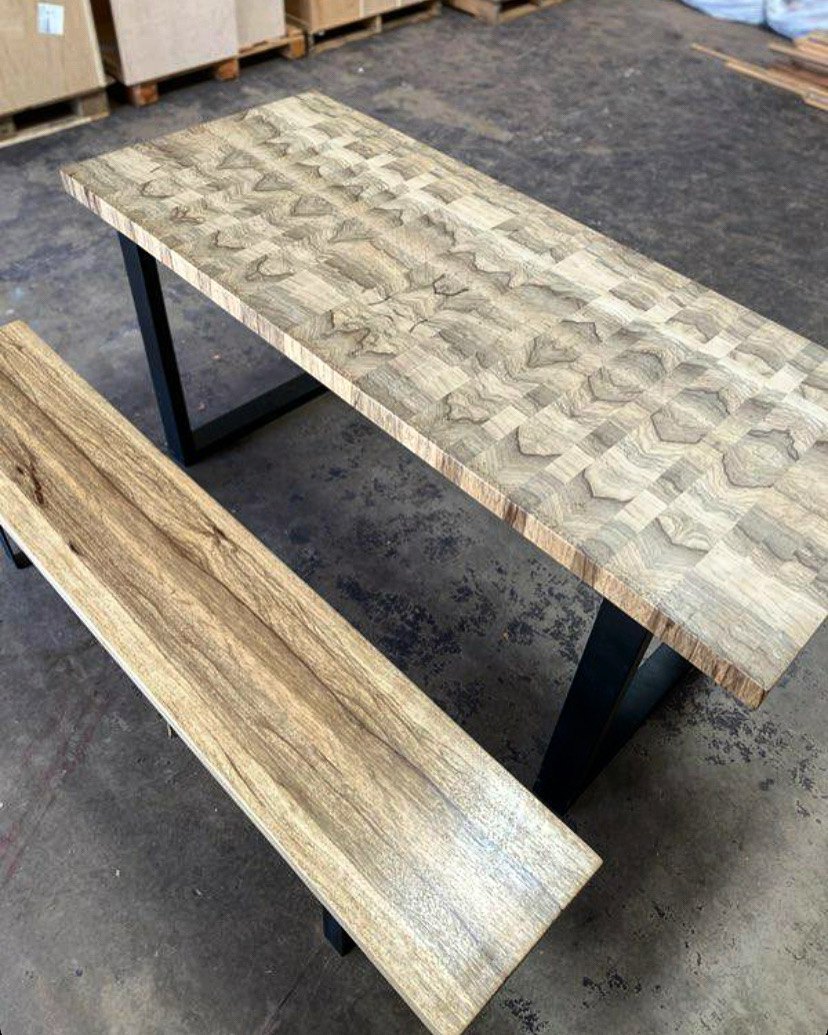 Tropical Exotic Hardwoods Black Limba end grain dining table and