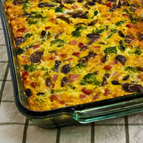 Broccoli, Mushrooms, Ham, and Cheddar Baked with Eggs.