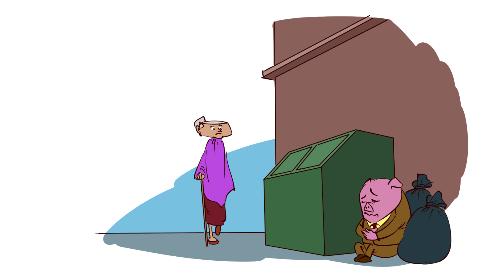 cartoon old lady and hurt pig drawing for kids app