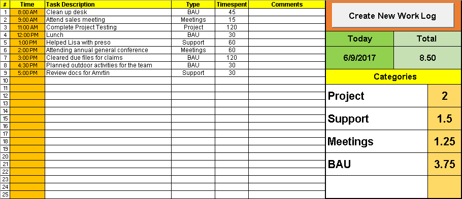 Work Log Template Excel Daily Weekly And Monthly Free Project 