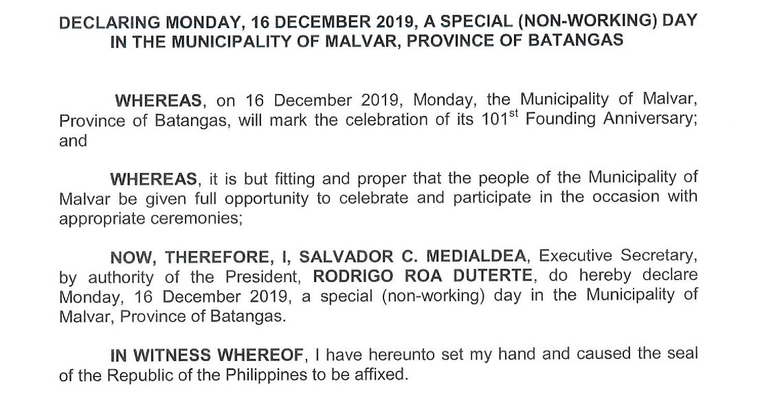 Philippine Holidays Special (NonWorking) Day in Malvar, Batangas on December 16, 2019