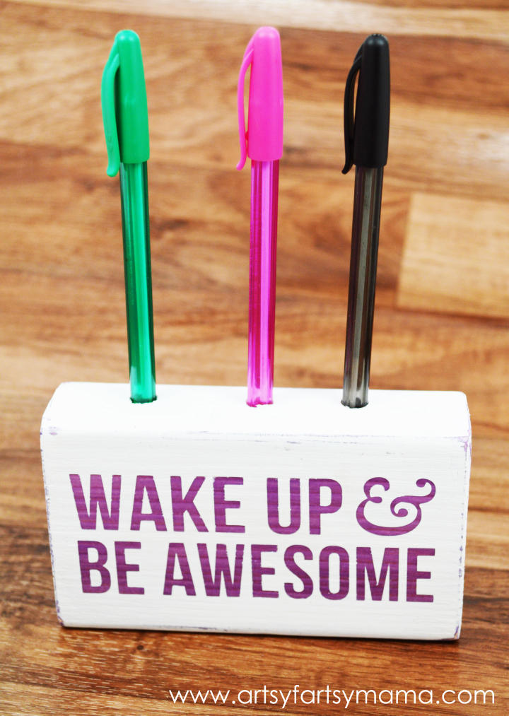 Wake Up & Be Awesome Pen Holder at artsyfartsymama.com #modpodge #plaidcrafts