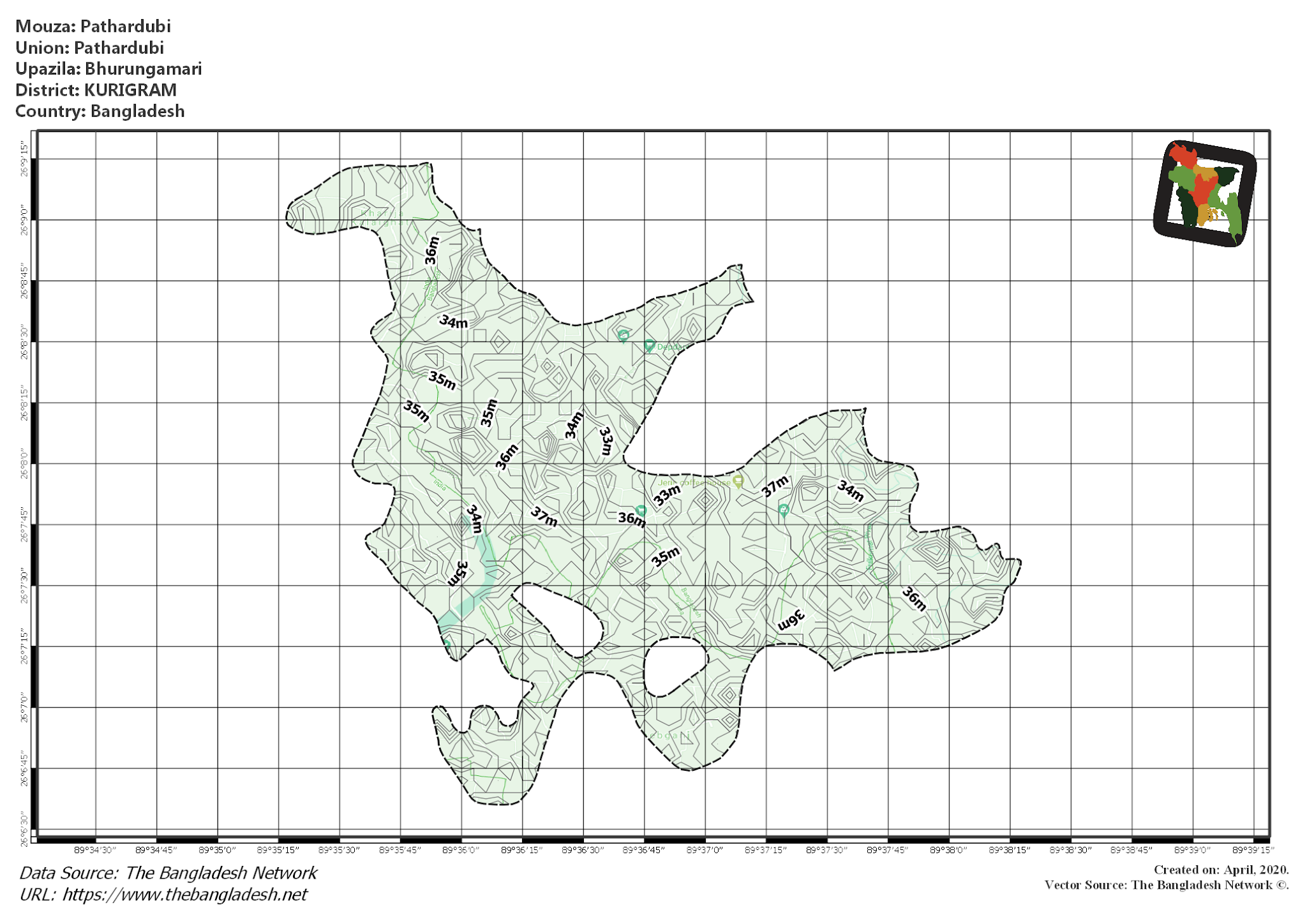 Map of Pathardubi Mouza of Bhurungamari Upazila, KURIGRAM, Bangladesh.