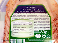 Ingredientes de la pechuga de pollo cocida con hierbas aromáticas: carne de pechuga de pollo (97%), sal, jarabe de glucosa, tomate en polvo (0,2%), copos de tomate (0,2%), hierbas aromáticas (0,1%), especias, extractos de especias (contienen apio, extracto de mostaza), estabilizante: trifosfatos, antioxidante: ascorbato sódico; conservador: nitrito sódico.