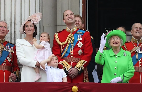 Queen Elizabeth, Prince Philip, Duke of Edinburgh, Prince Charles, Camilla, Duchess of Cornwall, Catherine, Duchess of Cambridge, Prince William, Prince George, Princess Charlotte, Prince Harry, Anne, Princess Royal,