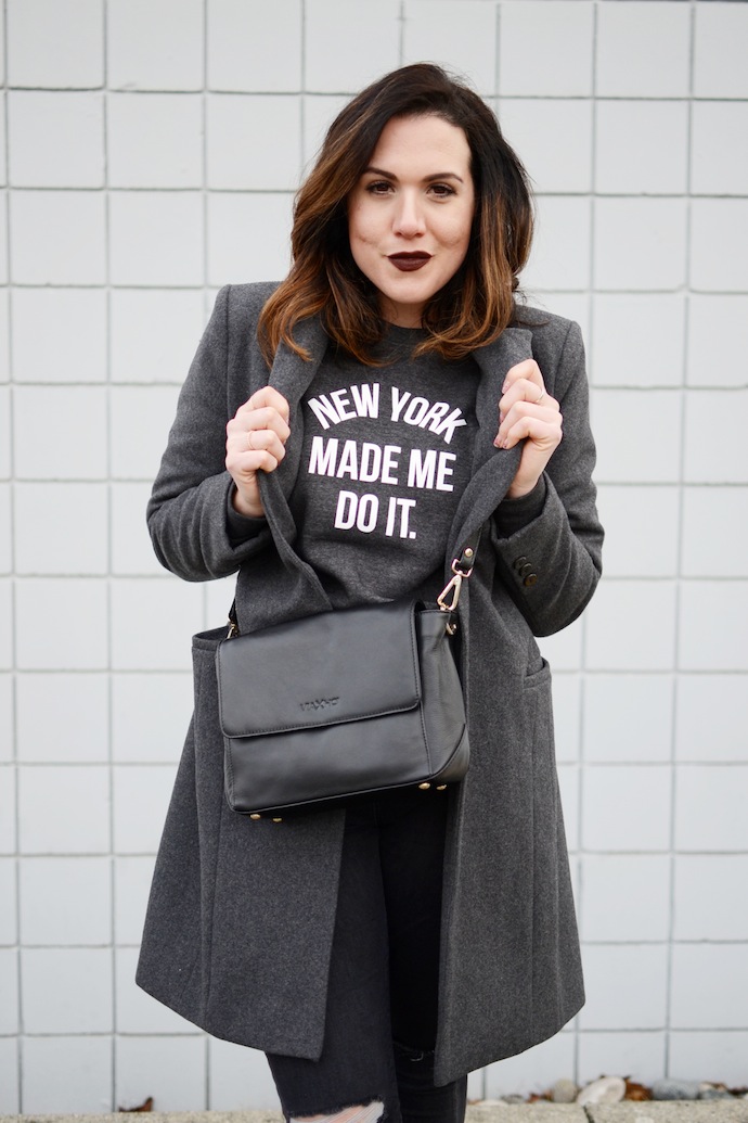 Brunette is the New Black sweater New York Made Me Do It. Vancouver fashion blogger all grey outfit Le Chateau handbag