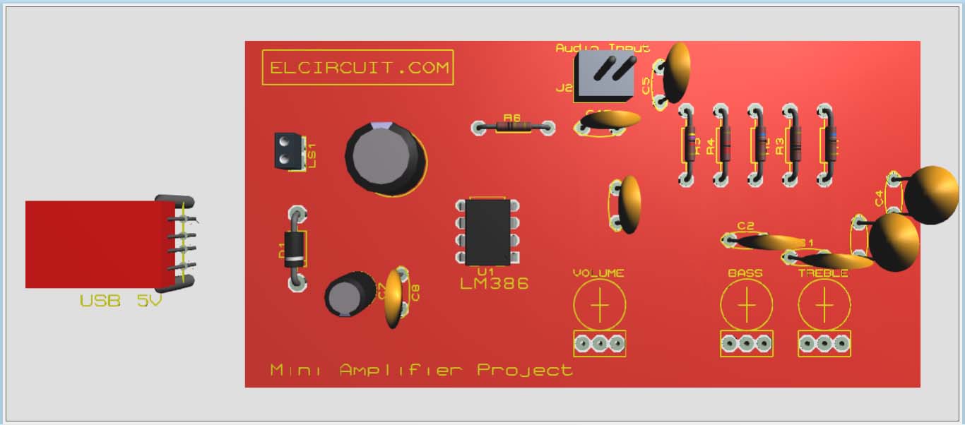 USB Powered Audio Amplifier LM386 + Tone Control Electronic Circuit